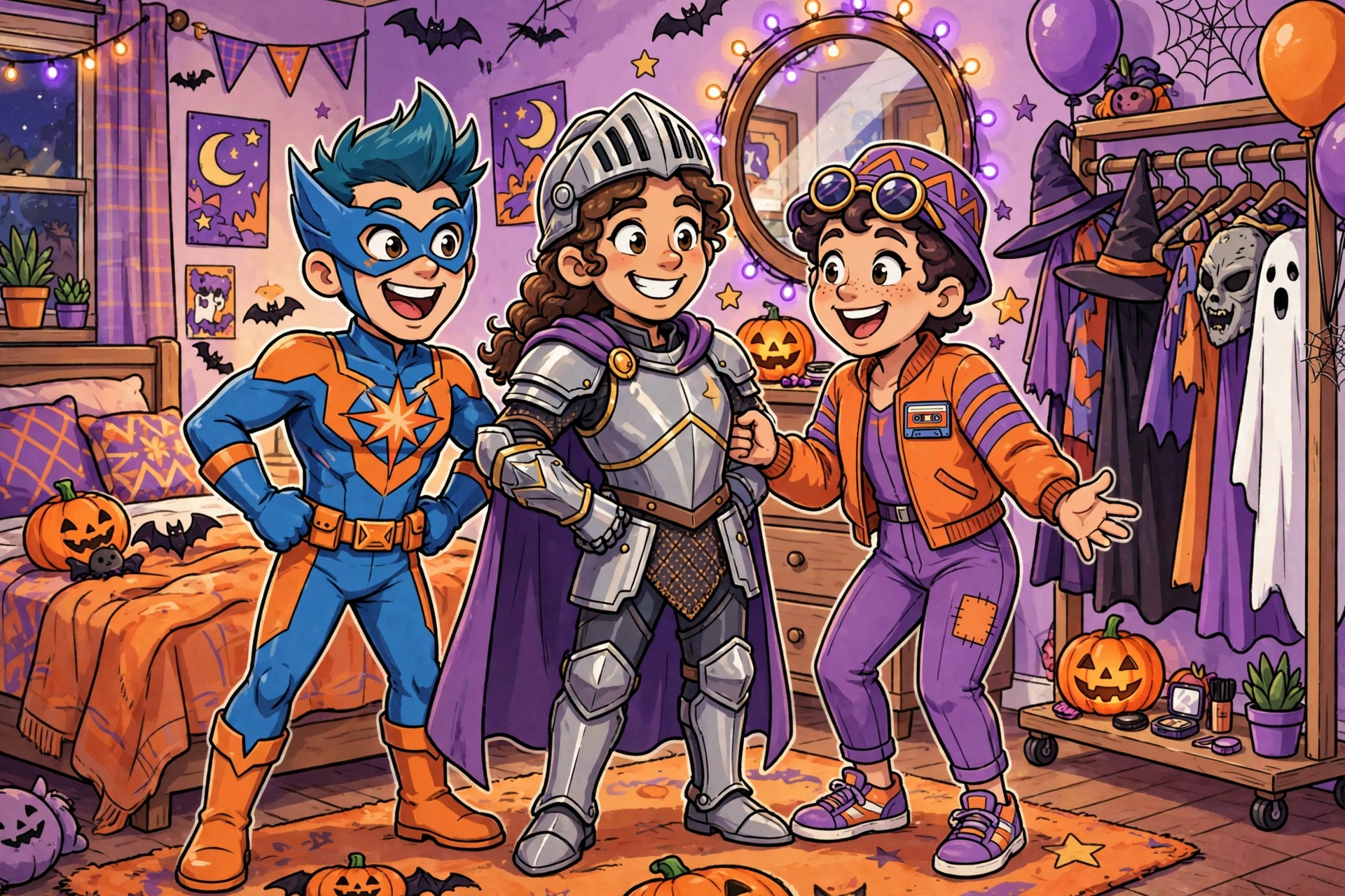 Friends trying on fandom, fantasy, and retro Halloween costumes