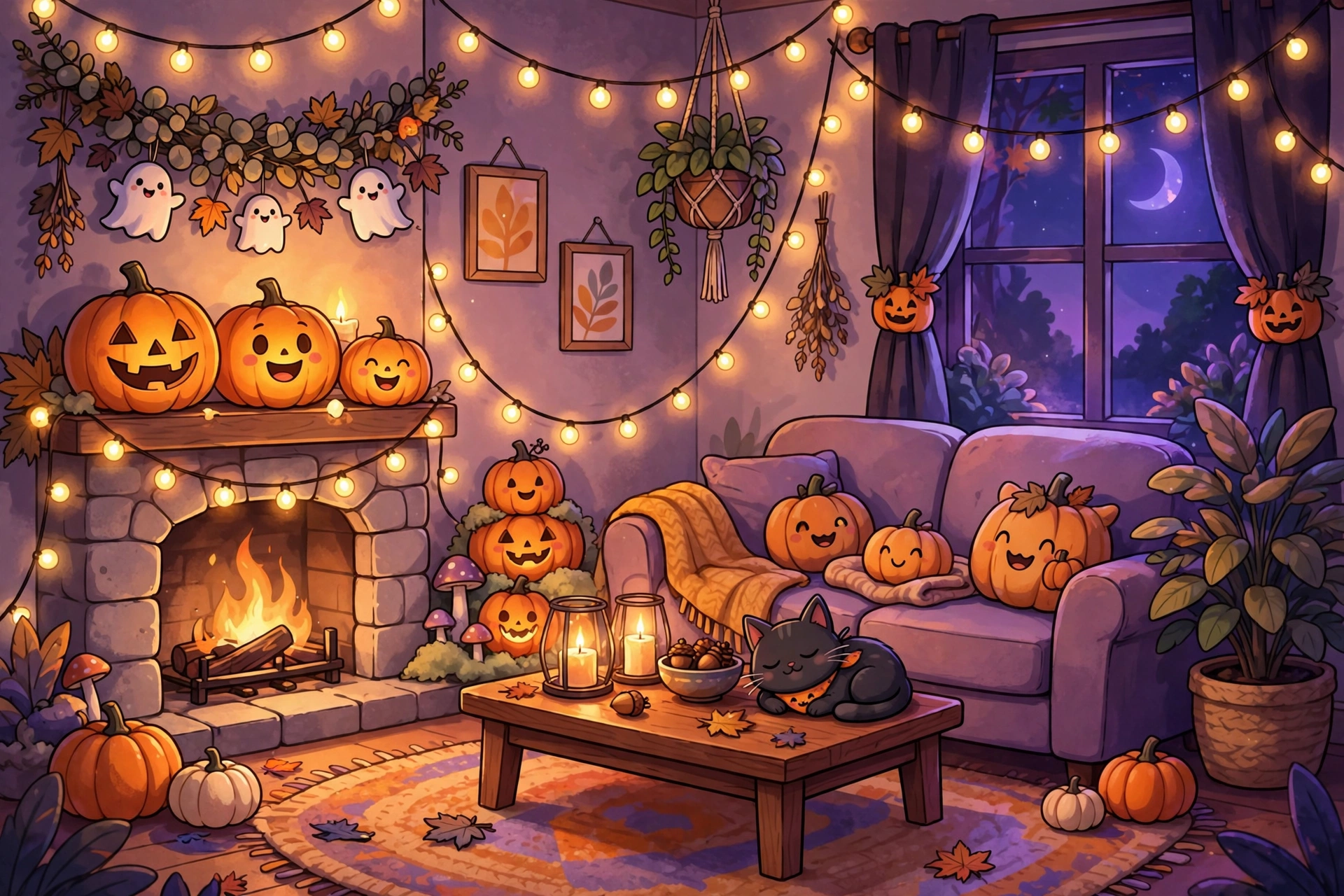 Cozy Halloween living room glowing with layered string lights, lanterns, and jack-o'-lanterns