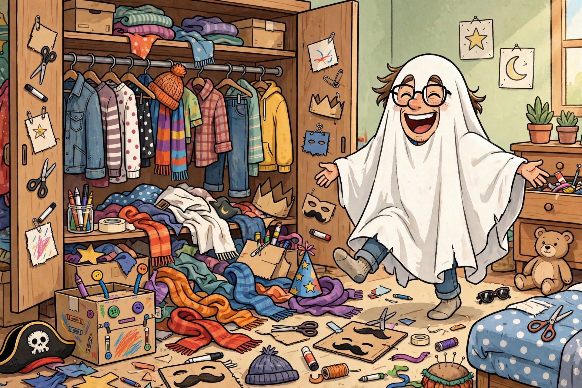 Open closet of everyday clothes being turned into DIY Halloween costumes