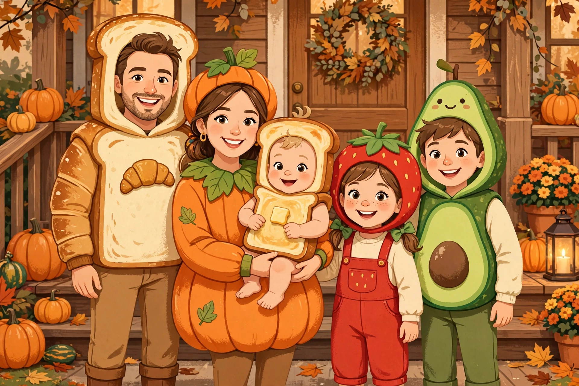 Family of five in matching food costumes on a porch, baby dressed as buttered toast, pumpkins beside them