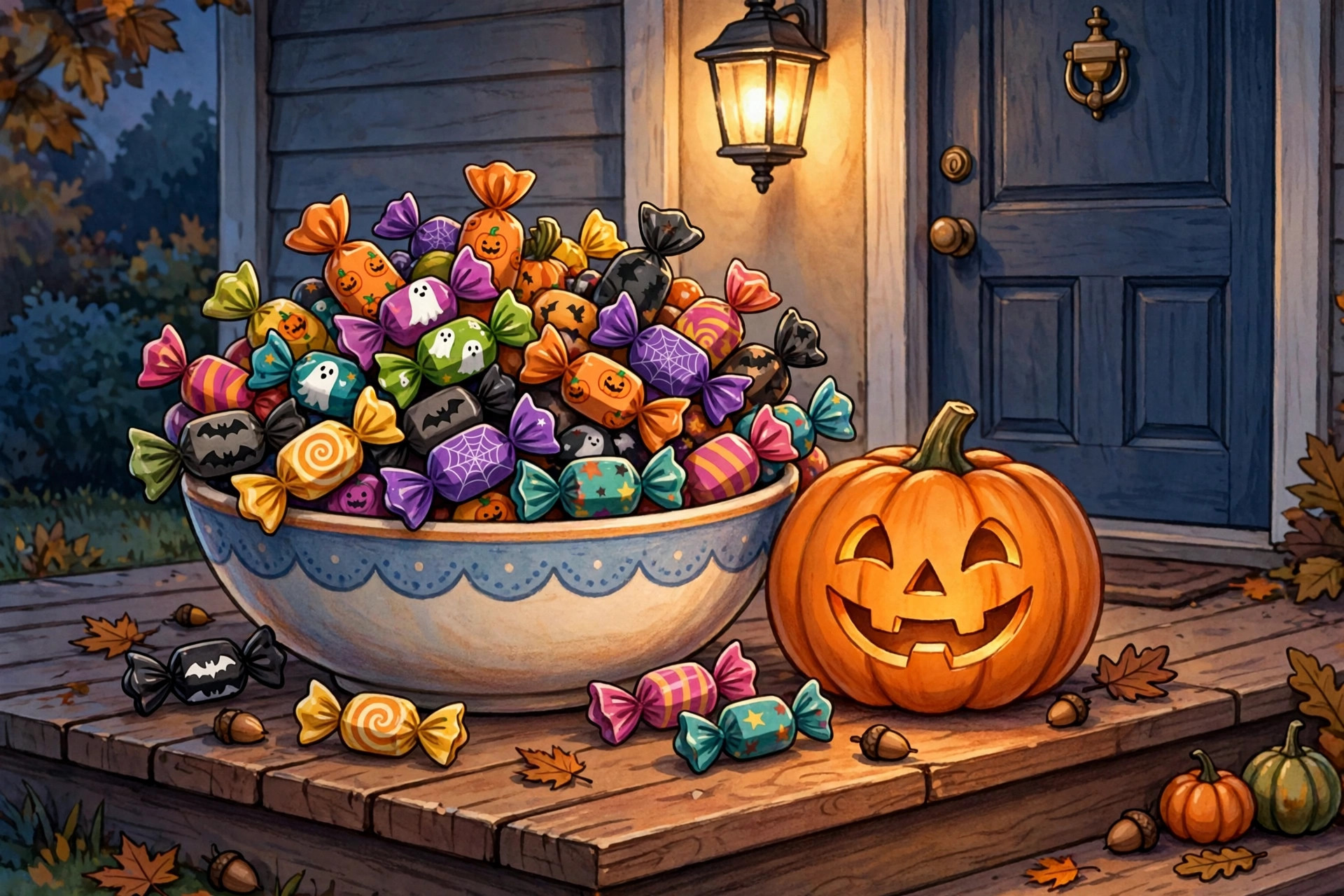 Cartoon bowl overflowing with colorful wrapped Halloween candies on a doorstep beside a glowing jack-o-lantern