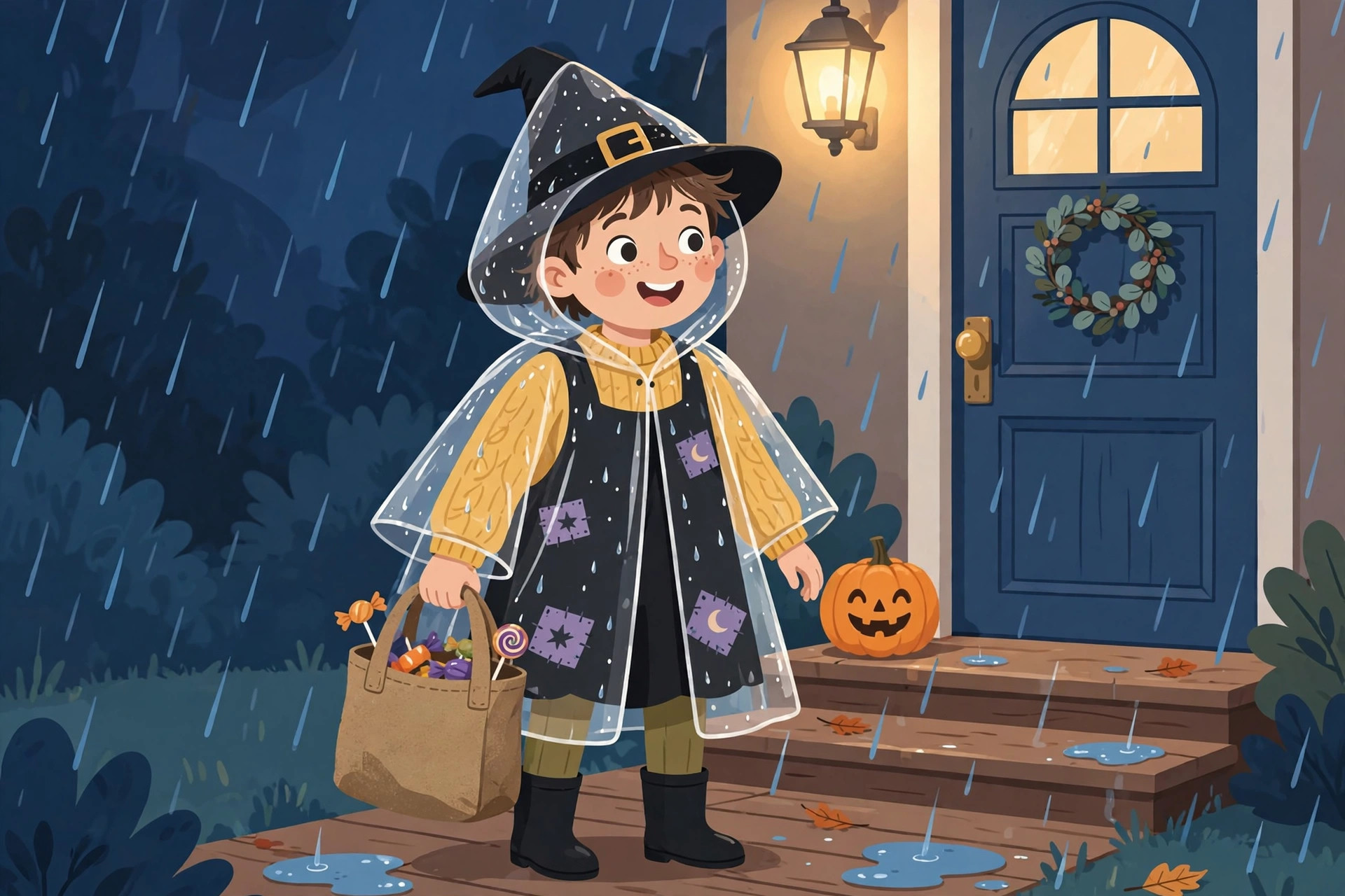 Child in a witch costume under a clear rain poncho holding a treat bag on a rainy doorstep