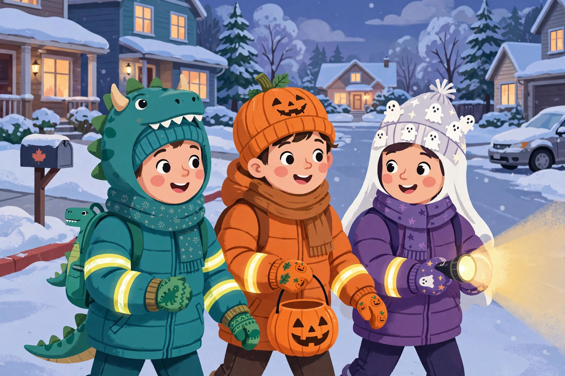 Three children in costumes over winter coats with reflective bands on a snowy street, one holding a flashlight