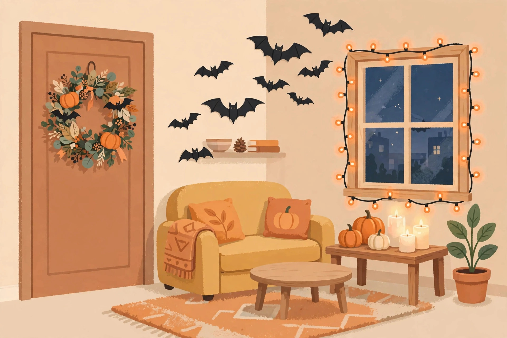 Small apartment corner with a wreath on the door, paper bats on the wall, string lights around the window and mini pumpkins
