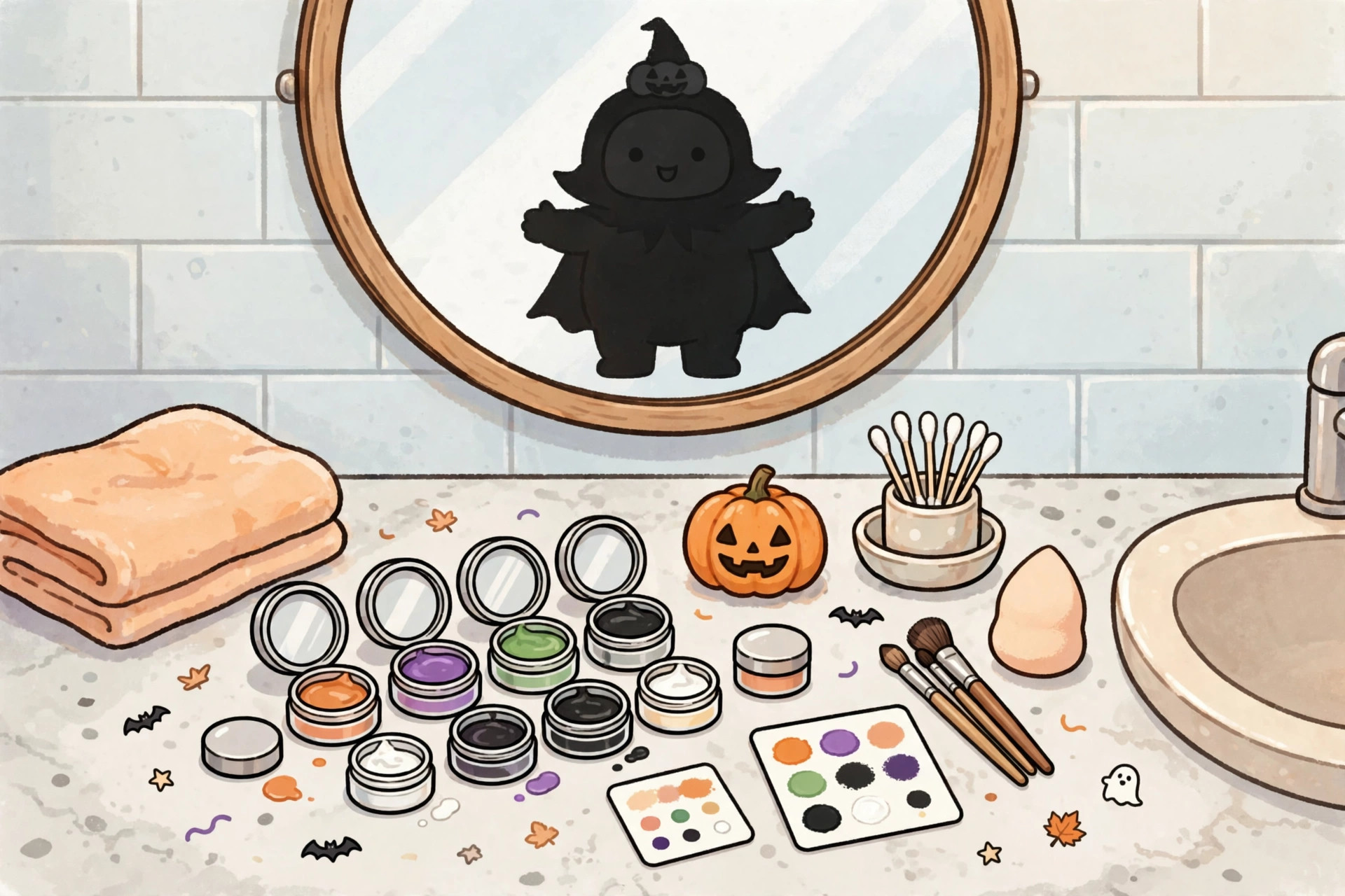 Cartoon Halloween face paint pots, brushes and applicators on a bathroom counter under a mirror