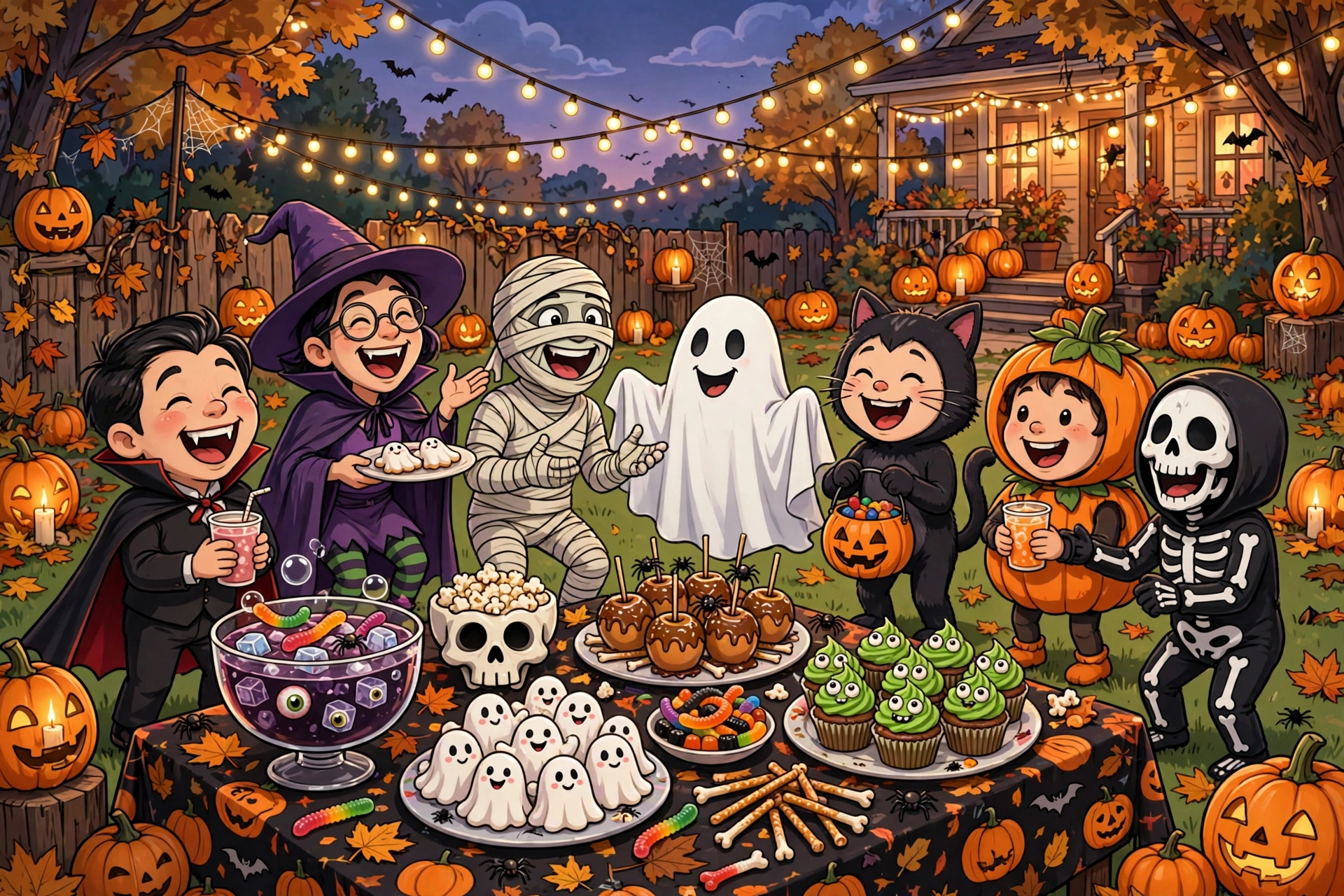 Lively backyard Halloween party at dusk with costumed guests, themed snacks, and string lights