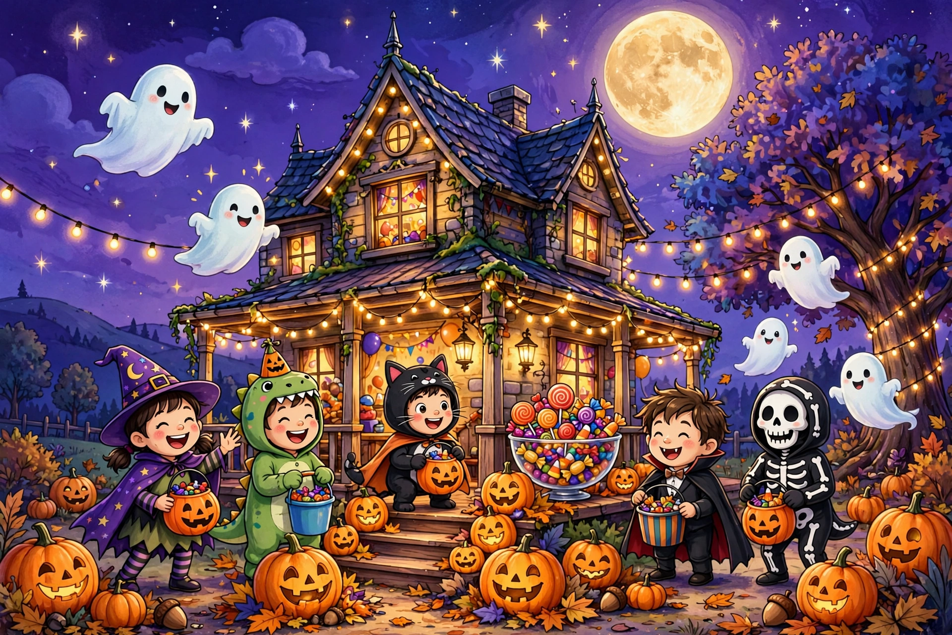 Cheerful cartoon Halloween party scene with glowing jack-o'-lanterns, costumed kids, and friendly ghosts under a purple moonlit sky