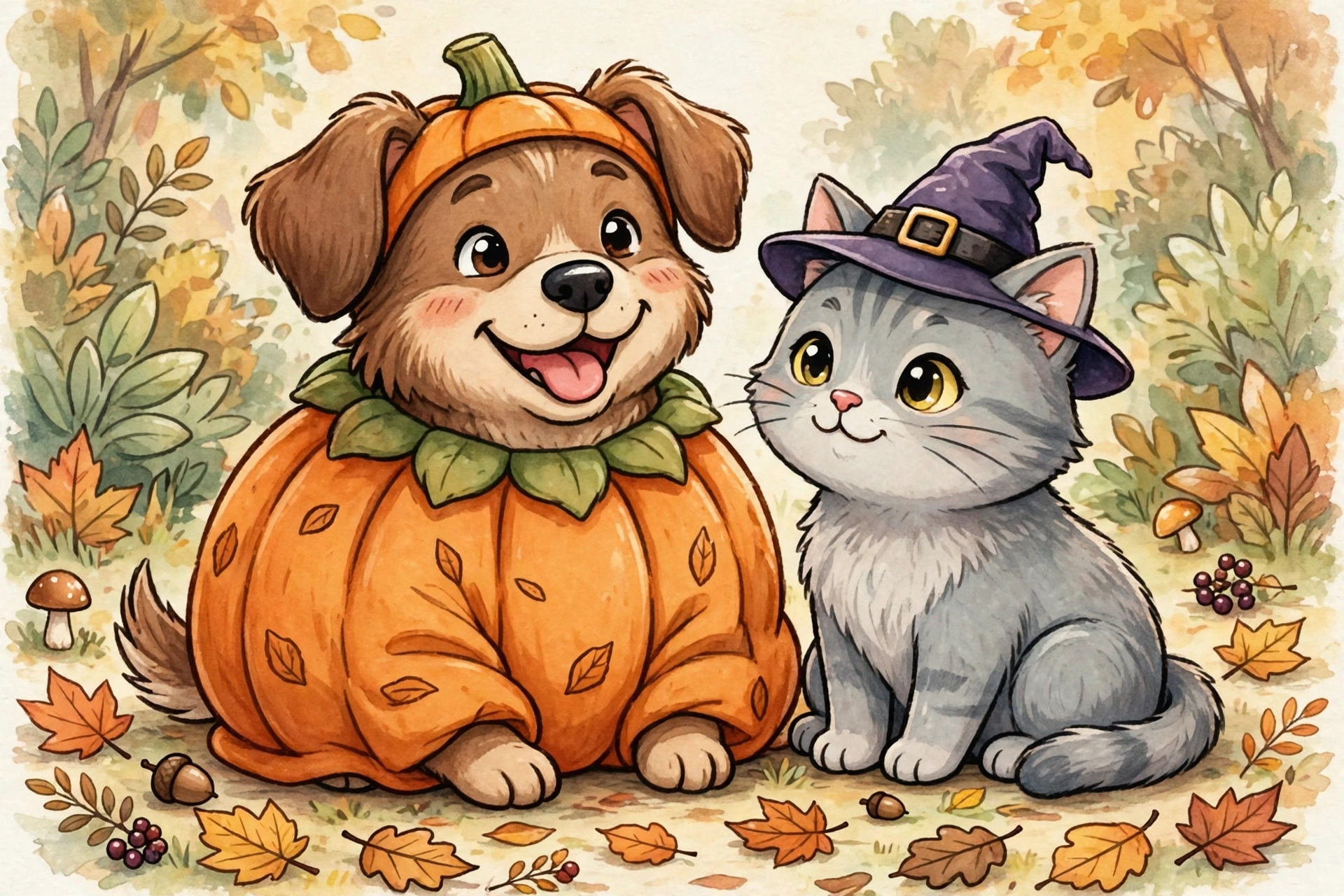 Happy dog in a simple pumpkin costume next to a cat in a tiny witch hat