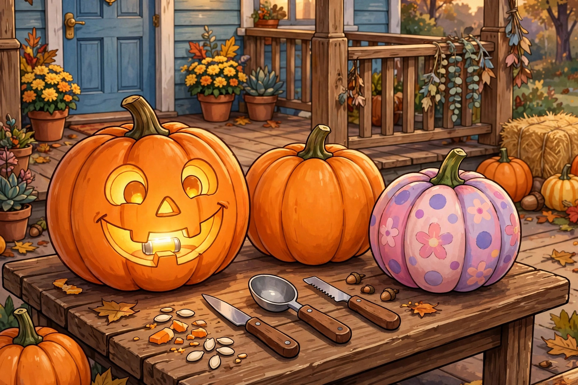 Cartoon jack-o-lantern glowing on a porch table beside uncarved and painted pumpkins, carving tools aside