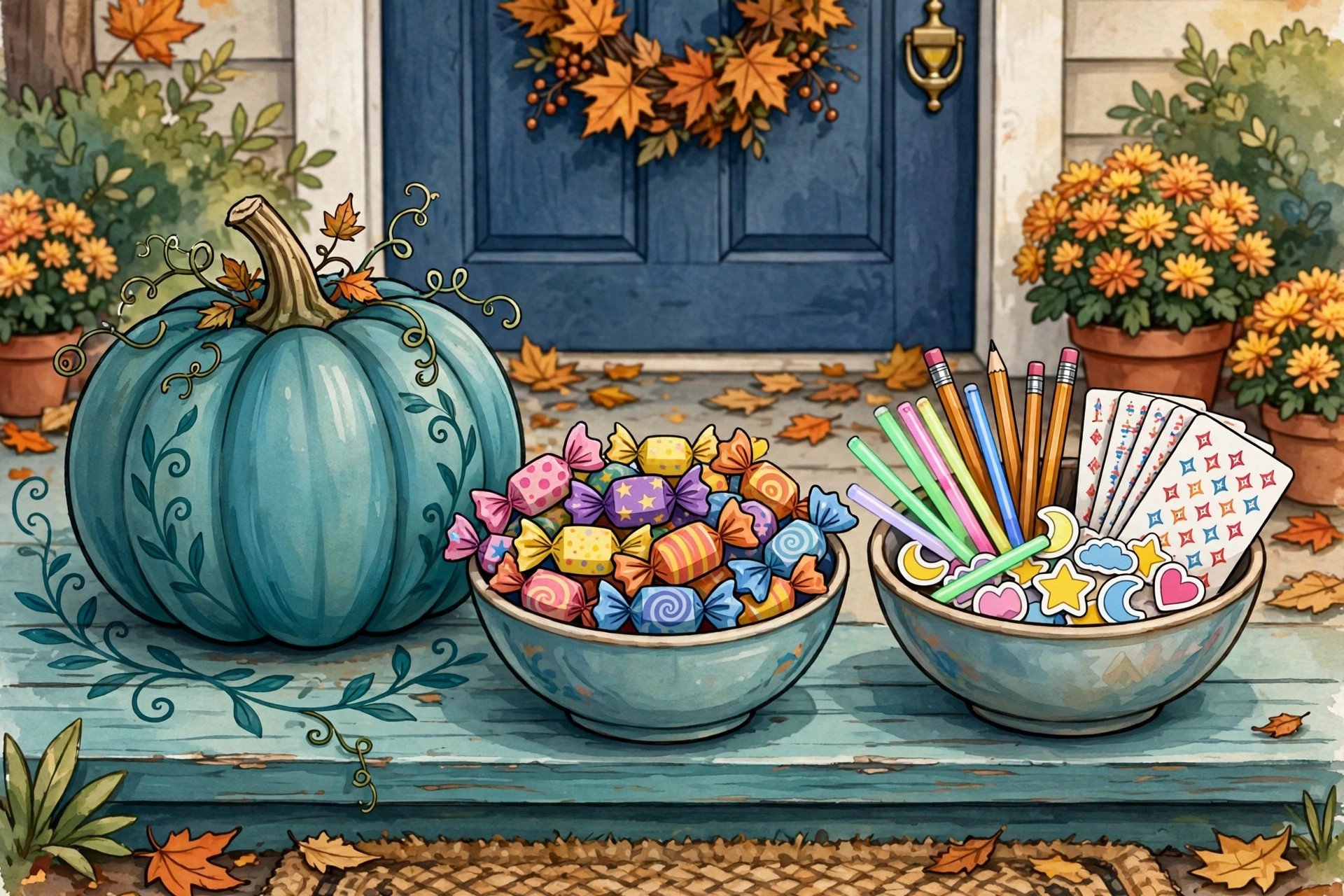 Cartoon teal pumpkin on a doorstep beside separate bowls of candy and of pencils, stickers and cards