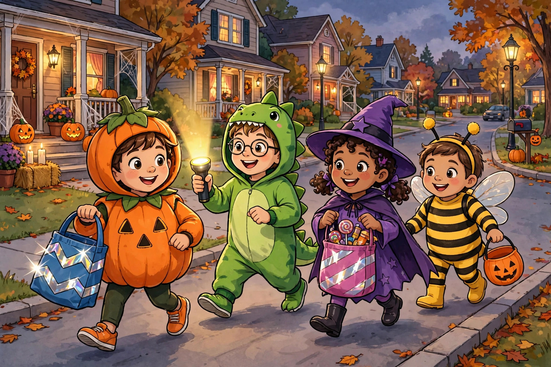 Cartoon children in bright costumes trick-or-treating at dusk, one with a flashlight and reflective strips on treat bags